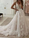 Ball Gown/Princess V-neck Tulle Sweep Train Wedding Dresses With Appliques Lace #UKM00023608