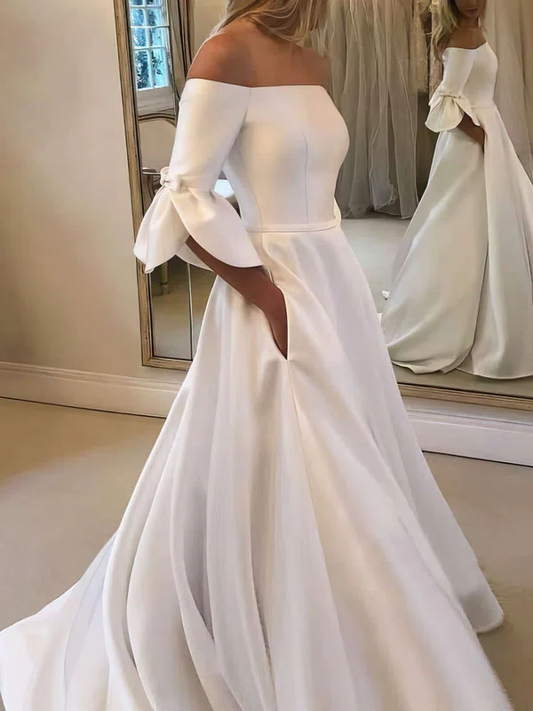 Ball Gown Off-the-shoulder Satin Sweep Train Wedding Dresses With Bow #UKM00023609