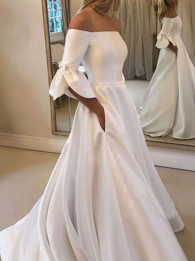 Satin Off-the-shoulder Ball Gown Sweep Train Bow Wedding Dresses #UKM00023609