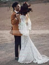 Lace V-neck Trumpet/Mermaid Sweep Train Sashes / Ribbons Wedding Dresses #UKM00023612