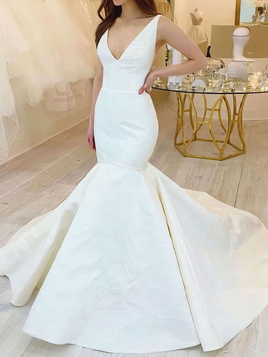 Trumpet/Mermaid V-neck Satin Sweep Train Wedding Dresses #UKM00023613