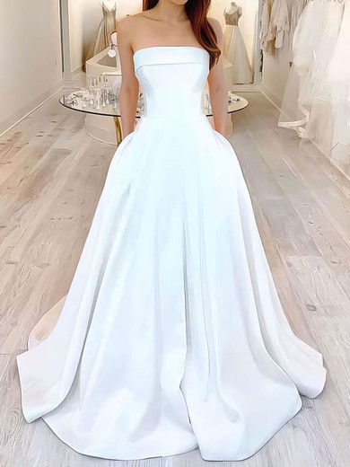 Ball Gown Straight Satin Sweep Train Wedding Dresses With Pockets #UKM00023617