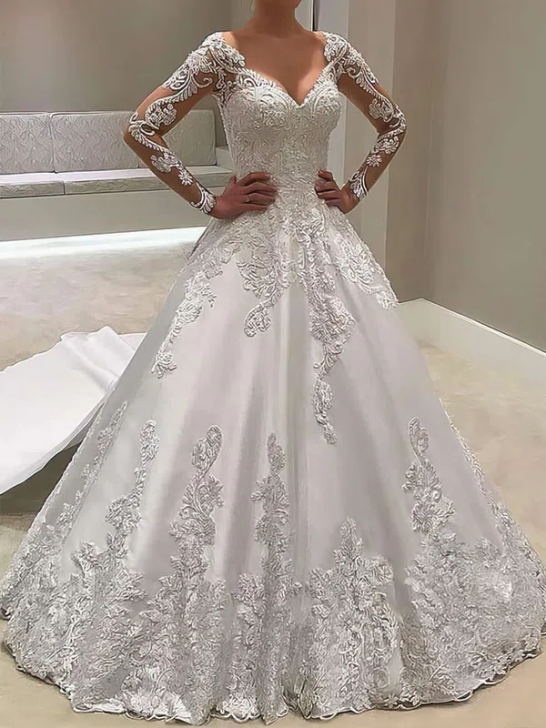 Ball Gown/Princess V-neck Satin Court Train Wedding Dresses With Appliques Lace #UKM00023618