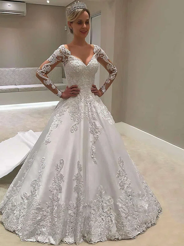 Satin V-neck Ball Gown Detachable Appliques Lace Wedding Dresses #UKM00023618