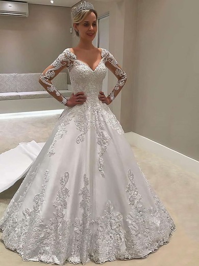 Ball Gown V-neck Satin Court Train Wedding Dresses With Appliques Lace #UKM00023618