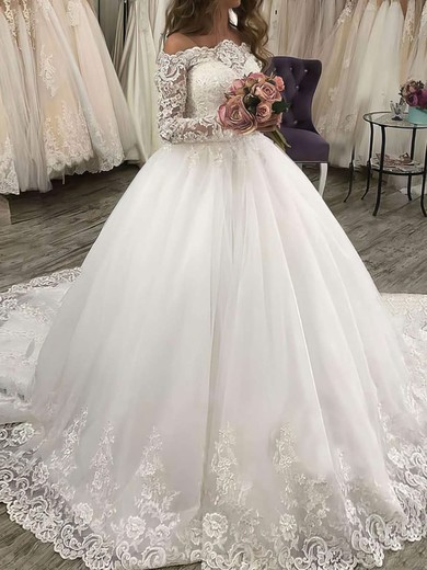 Ball Gown/Princess Off-the-shoulder Tulle Court Train Wedding Dresses With Appliques Lace #UKM00023619