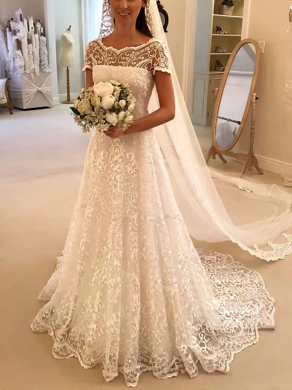 Lace Scoop Neck A-line Sweep Train Appliques Lace Wedding Dresses #UKM00023621