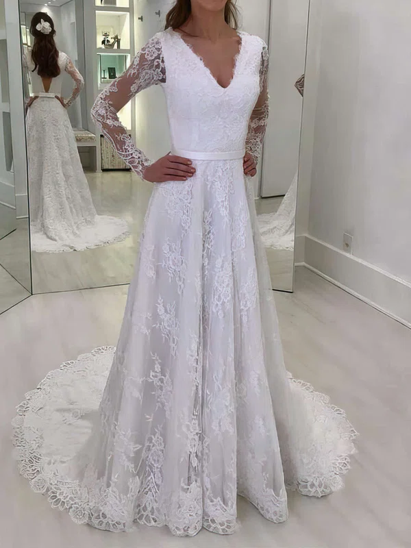 A-line V-neck Lace Sweep Train Wedding Dresses With Sashes / Ribbons #UKM00023622