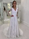 Lace V-neck A-line Sweep Train Sashes / Ribbons Wedding Dresses #UKM00023622