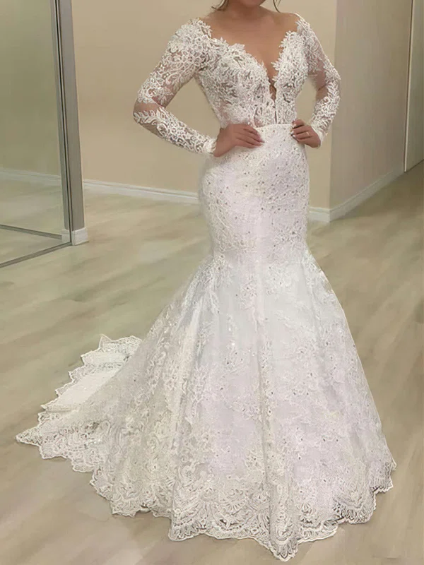 Trumpet/Mermaid Illusion Lace Sweep Train Wedding Dresses With Appliques Lace #UKM00023623