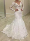 Trumpet/Mermaid Illusion Lace Sweep Train Wedding Dresses With Appliques Lace #UKM00023623