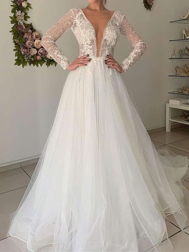 Ball Gown Illusion Tulle Court Train Wedding Dresses With Appliques Lace #UKM00023624