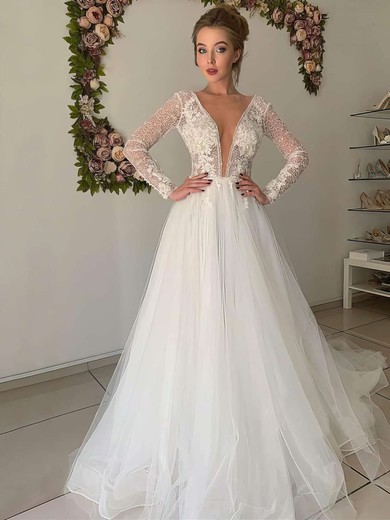 Tulle Scoop Neck Princess Court Train Appliques Lace Wedding Dresses #UKM00023624