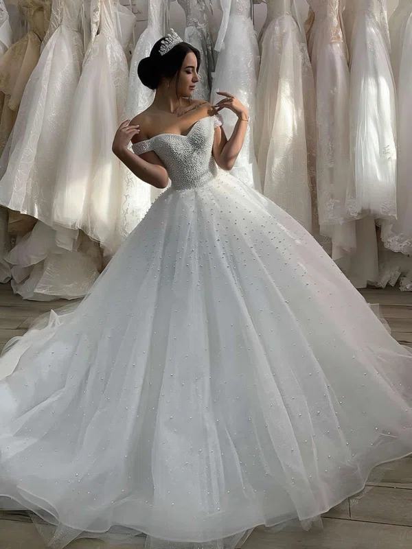 Ball Gown Off-the-shoulder Tulle Chapel Train Wedding Dresses With Pearl Detailing #UKM00023625