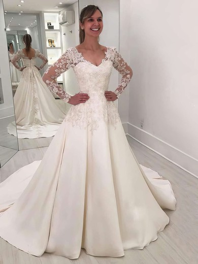 Ball Gown V-neck Satin Sweep Train Wedding Dresses With Appliques Lace #UKM00023626