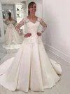 Satin V-neck Ball Gown Sweep Train Appliques Lace Wedding Dresses #UKM00023626