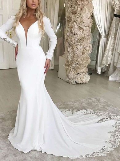 Stretch Crepe V-neck Trumpet/Mermaid Sweep Train Lace Wedding Dresses #UKM00023627