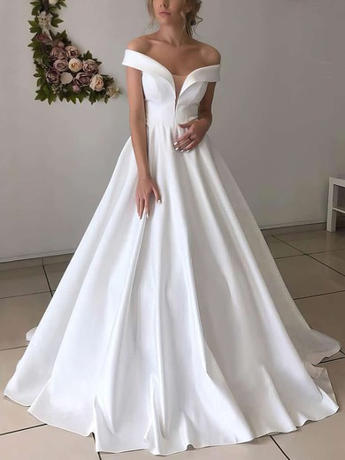 Satin Off-the-shoulder Ball Gown Floor-length Wedding Dresses #UKM00023628