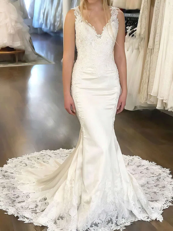 Trumpet/Mermaid V-neck Satin Court Train Wedding Dresses With Appliques Lace #UKM00023630