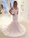 Trumpet/Mermaid V-neck Chiffon Sweep Train Wedding Dresses With Appliques Lace #UKM00023631