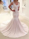 Trumpet/Mermaid V-neck Chiffon Sweep Train Wedding Dresses With Appliques Lace #UKM00023631