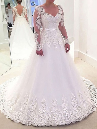 Ball Gown V-neck Tulle Sweep Train Wedding Dresses With Appliques Lace #UKM00023632