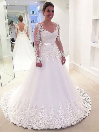 Ball Gown V-neck Tulle Sweep Train Wedding Dresses With Appliques Lace #UKM00023632