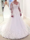 Ball Gown V-neck Tulle Sweep Train Wedding Dresses With Appliques Lace #UKM00023632