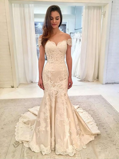 Trumpet/Mermaid Off-the-shoulder Satin Sweep Train Wedding Dresses With Appliques Lace #UKM00023635