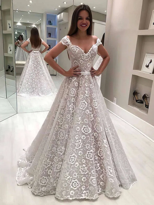 Ball Gown Off-the-shoulder Lace Floor-length Wedding Dresses With Sashes / Ribbons #UKM00023636