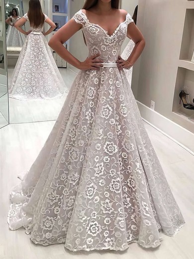 Ball Gown Off-the-shoulder Lace Floor-length Wedding Dresses With Sashes / Ribbons #UKM00023636