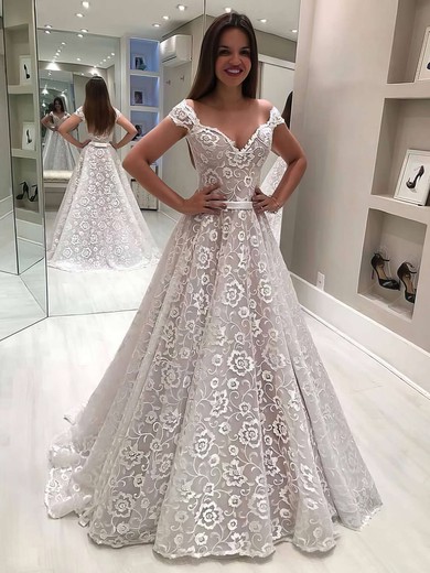 Lace Off-the-shoulder Princess Floor-length Sashes / Ribbons Wedding Dresses #UKM00023636
