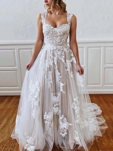 Ball Gown Sweetheart Tulle Sweep Train Wedding Dresses With Appliques Lace #UKM00023638