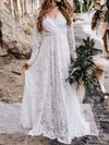 A-line V-neck Lace Floor-length Wedding Dresses #UKM00023639