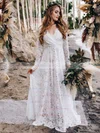 Lace V-neck A-line Floor-length Wedding Dresses #UKM00023639