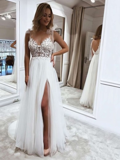 Ball Gown V-neck Tulle Floor-length Wedding Dresses With Split Front #UKM00023640