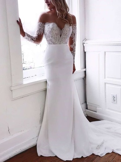 Trumpet/Mermaid Illusion Stretch Crepe Sweep Train Wedding Dresses With Appliques Lace #UKM00023643