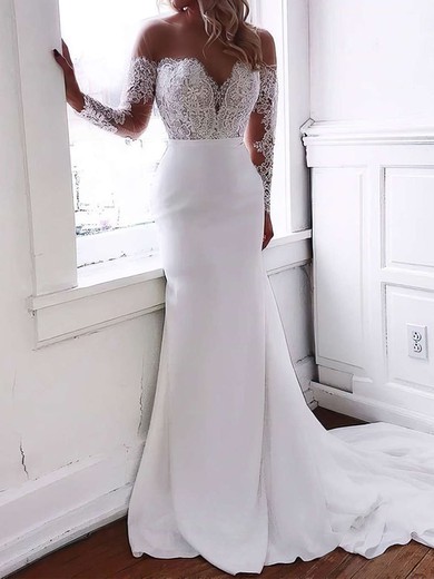 Trumpet/Mermaid Illusion Stretch Crepe Sweep Train Wedding Dresses With Appliques Lace #UKM00023643