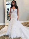 Trumpet/Mermaid V-neck Tulle Court Train Wedding Dresses With Appliques Lace #UKM00023645