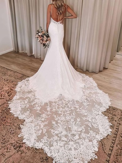 Trumpet/Mermaid V-neck Stretch Crepe Court Train Wedding Dresses With Appliques Lace #UKM00023648