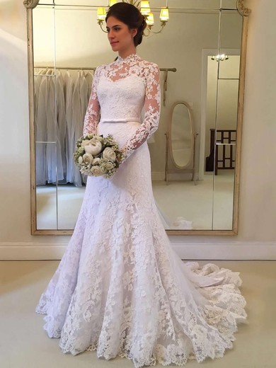 Trumpet/Mermaid High Neck Tulle Sweep Train Wedding Dresses With Appliques Lace #UKM00023649