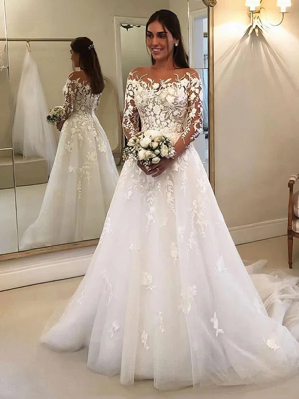 Tulle Scoop Neck Princess Sweep Train Appliques Lace Wedding Dresses #UKM00023650