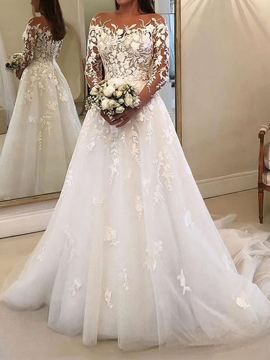 Ball Gown Illusion Tulle Sweep Train Wedding Dresses With Appliques Lace #UKM00023650