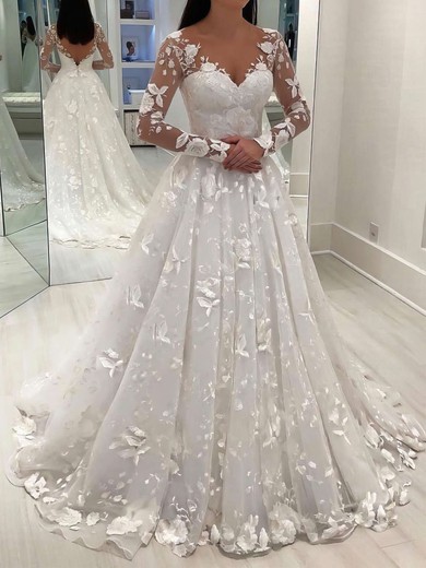 Ball Gown V-neck Tulle Sweep Train Wedding Dresses With Appliques Lace #UKM00023651