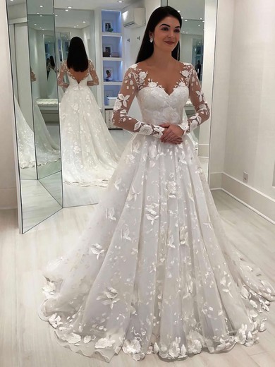 Tulle V-neck Princess Sweep Train Appliques Lace Wedding Dresses #UKM00023651