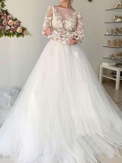 Ball Gown Illusion Tulle Chapel Train Wedding Dresses With Appliques Lace #UKM00023653