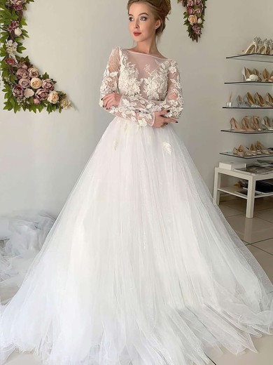 Tulle Scoop Neck Ball Gown Chapel Train Appliques Lace Wedding Dresses #UKM00023653