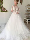 Ball Gown Illusion Tulle Chapel Train Wedding Dresses With Appliques Lace #UKM00023653
