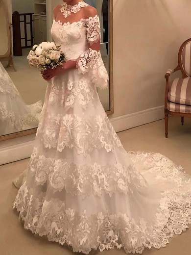 Ball Gown/Princess Illusion Tulle Sweep Train Wedding Dresses With Appliques Lace #UKM00023654