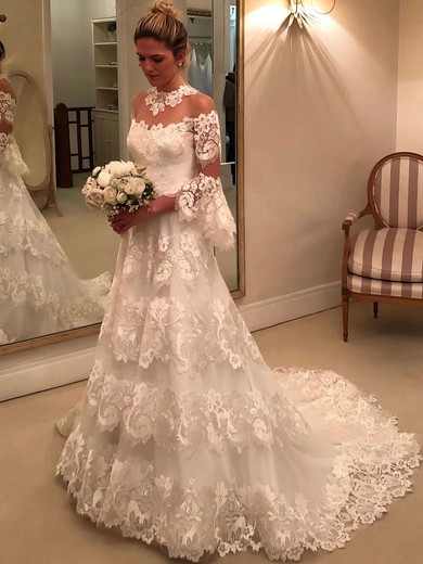 Tulle Scoop Neck Princess Sweep Train Appliques Lace Wedding Dresses #UKM00023654